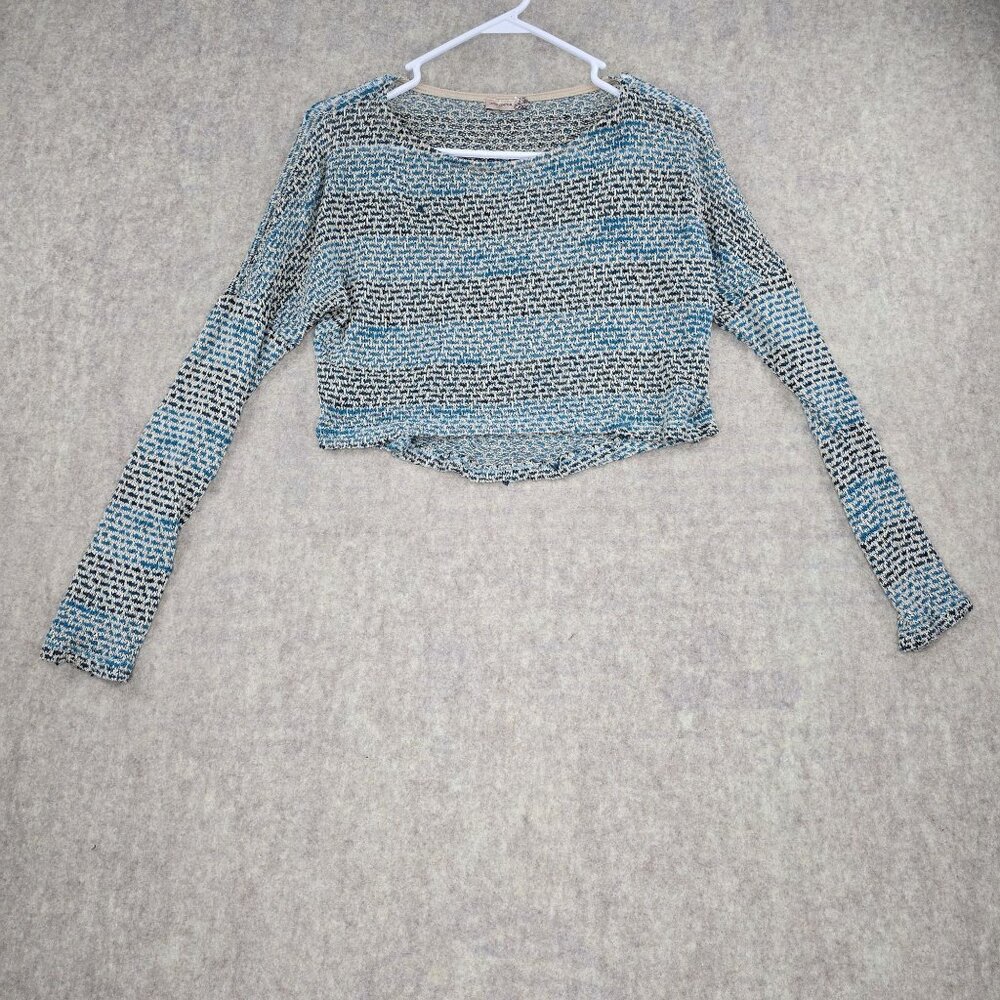 Body Central Knit Cropped Sweater Blue & Black Long Sleeve Open Weave Design